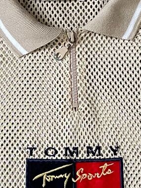 Tommy Hilfiger Beige Mesh Zip Polo with Navy & Red Patch